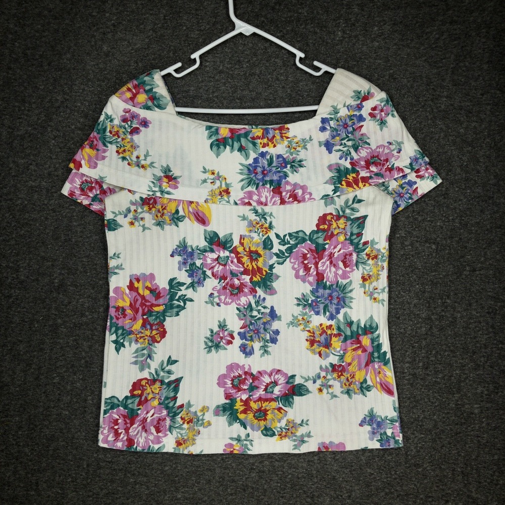 Vintage 90's Next Era Shirt Women's Large White Floral Cotton Off The Shoulder